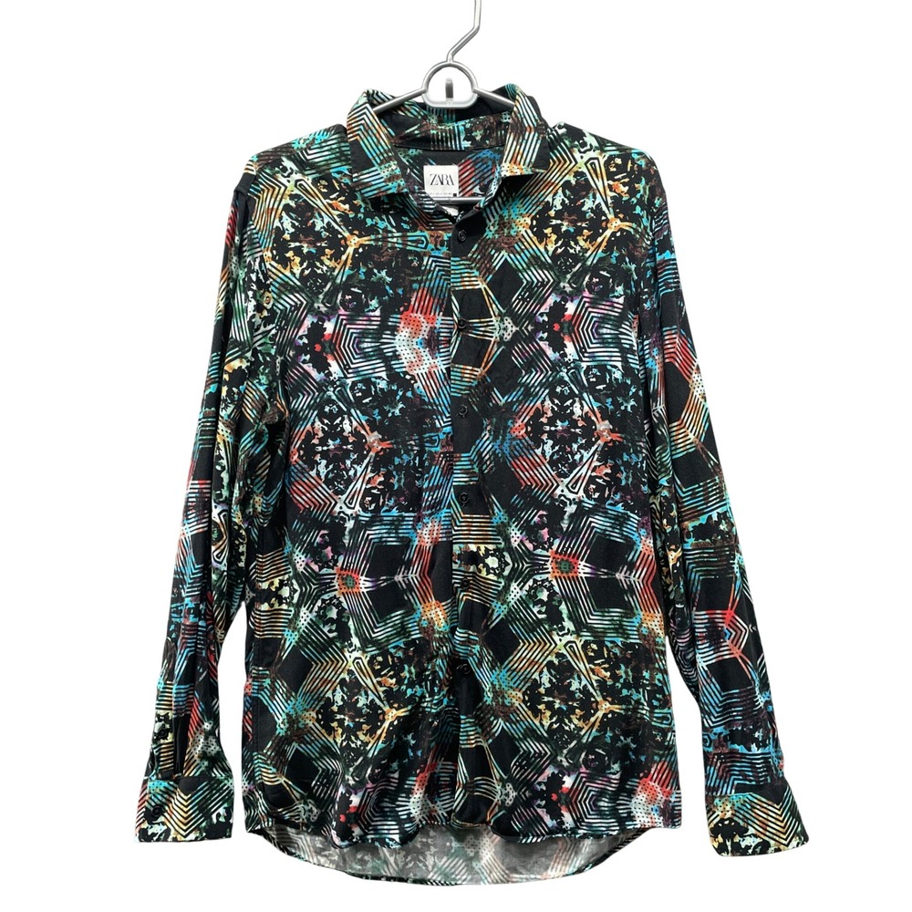Zara Slim Button Down Shirt Mens L Black Multicolor Abstract Long Sleeve Resort‎